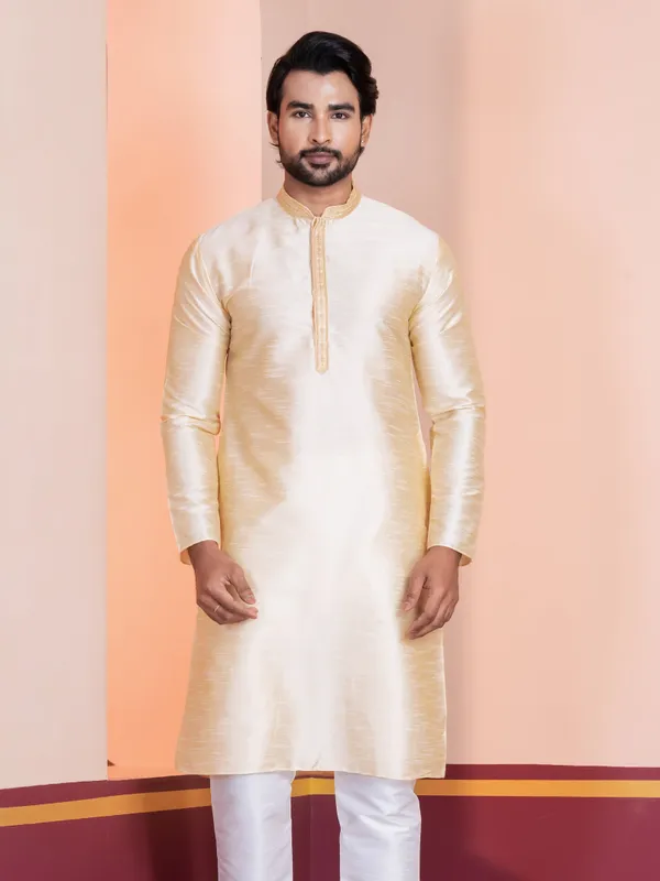 Beige_Woven_Design_Mandarin_Collar_Thread_Work_Straight_Kurta_With_Pyjama_Set_For_Men