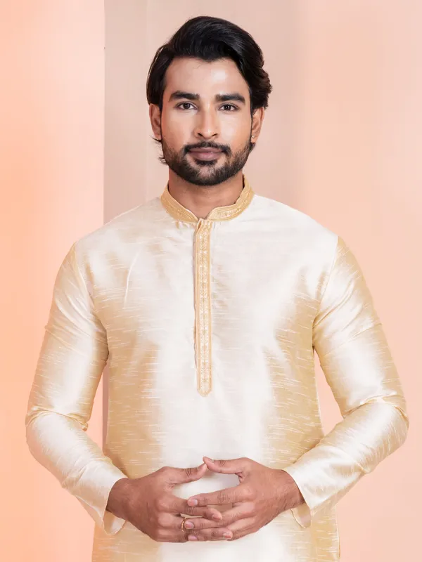 Beige_Woven_Design_Mandarin_Collar_Thread_Work_Straight_Kurta_With_Pyjama_Set_For_Men