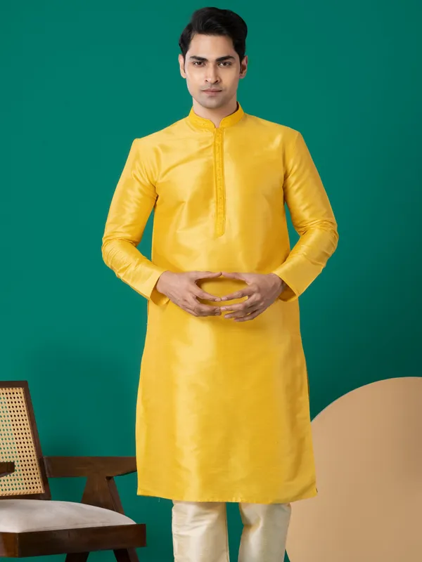 Yellow_Woven_Design_Mandarin_Collar_Thread_Work_Straight_Kurta_With_Pyjama_Set_For_Men