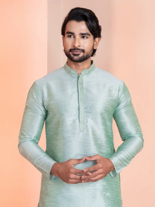 Green_Self_Design_Kurta_With_Pyjama_Set_For_Men