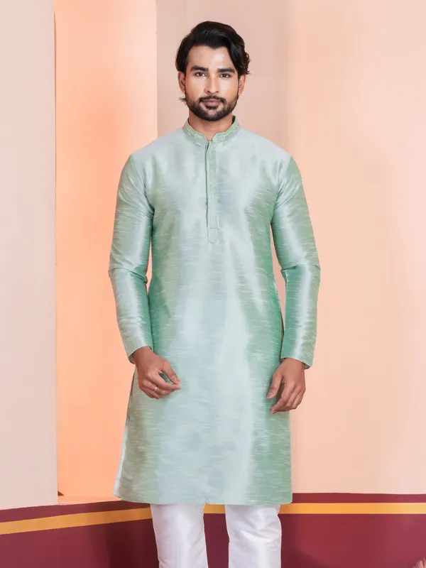 Green_Self_Design_Kurta_With_Pyjama_Set_For_Men