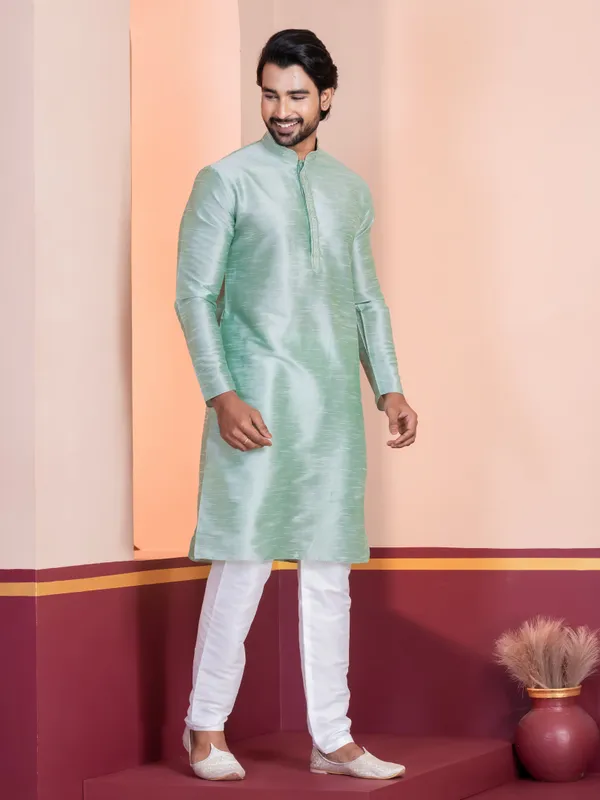 Green_Self_Design_Kurta_With_Pyjama_Set_For_Men