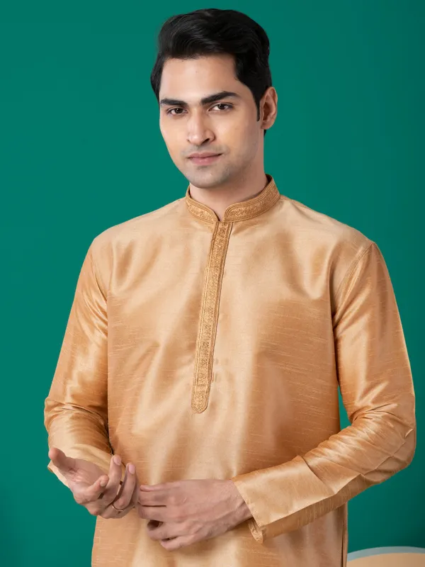 Gold_Woven_Design_Mandarin_Collar_Straight_Kurta_With_Pyjama_Set_For_Men