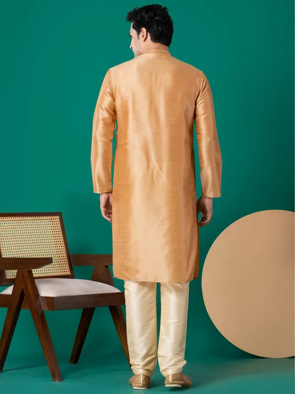 Gold_Woven_Design_Mandarin_Collar_Straight_Kurta_With_Pyjama_Set_For_Men