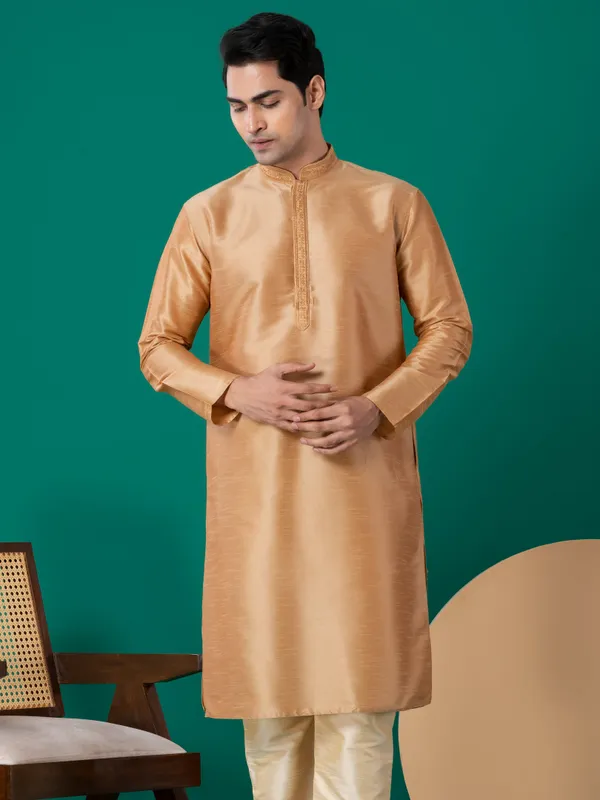 Gold_Woven_Design_Mandarin_Collar_Straight_Kurta_With_Pyjama_Set_For_Men
