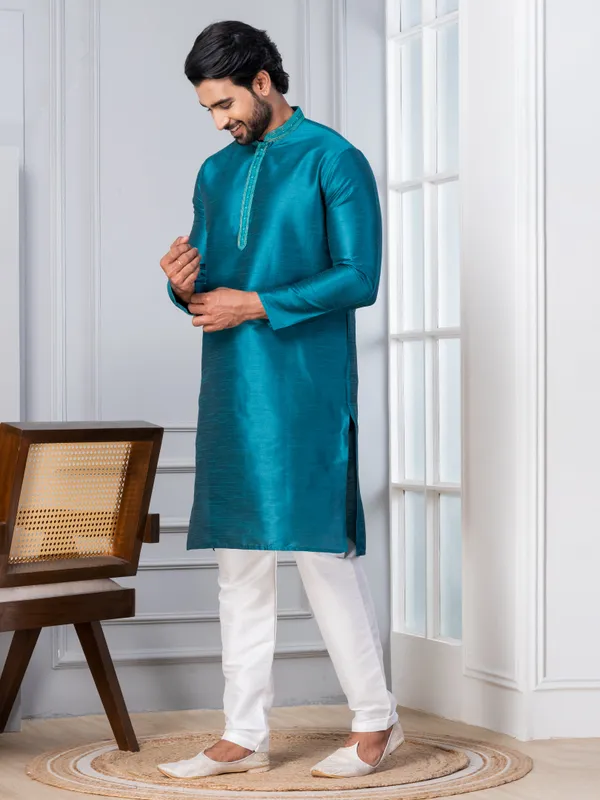 Blue_Solid_Woven_Design_Thread_Work_Straight_Kurta_With_Pyjama_Set_For_Men