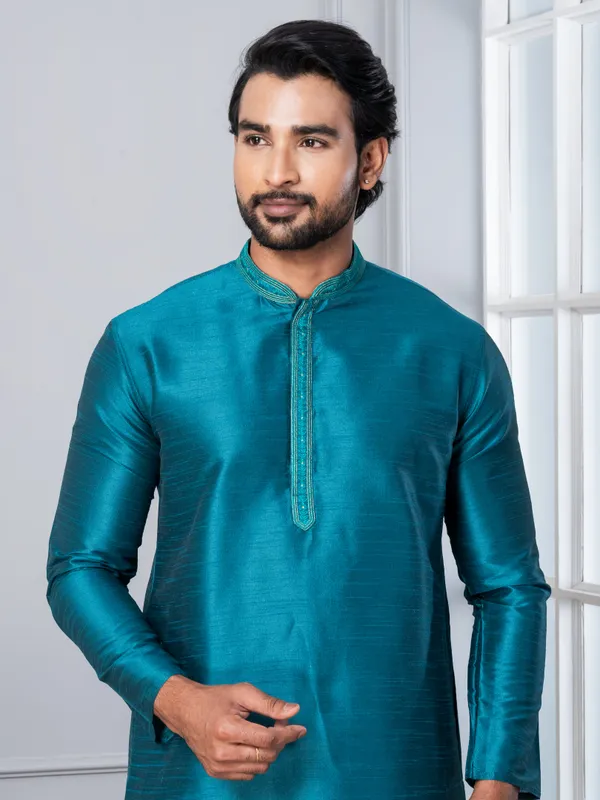 Blue_Solid_Woven_Design_Thread_Work_Straight_Kurta_With_Pyjama_Set_For_Men