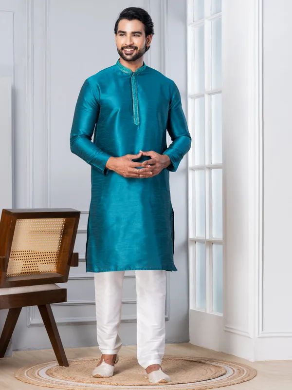 Blue_Solid_Woven_Design_Thread_Work_Straight_Kurta_With_Pyjama_Set_For_Men