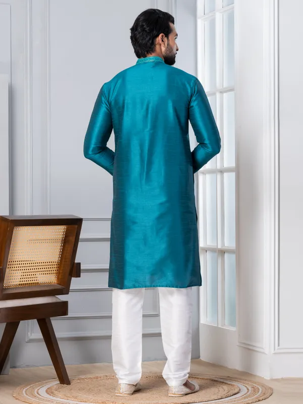 Blue_Solid_Woven_Design_Thread_Work_Straight_Kurta_With_Pyjama_Set_For_Men