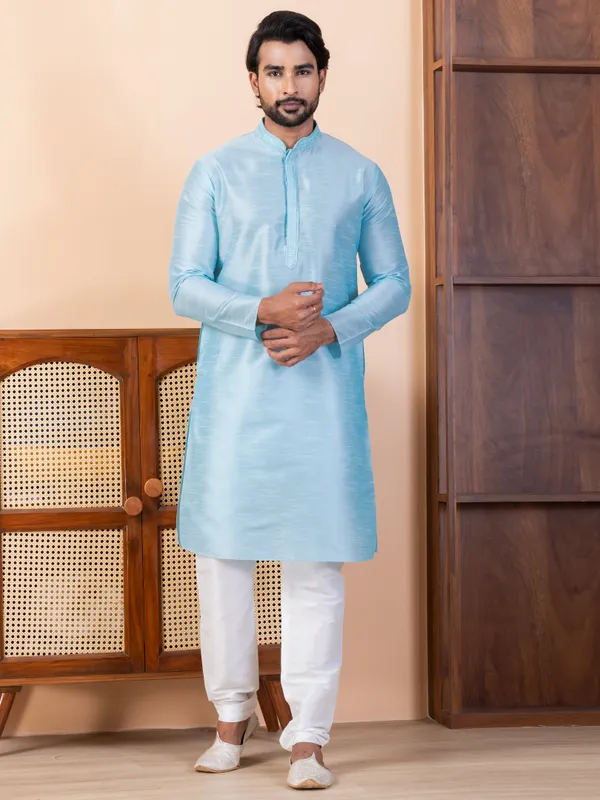 Blue_Woven_Design_Festive_Straight_Kurta_With_Pyjama_Set_For_Men