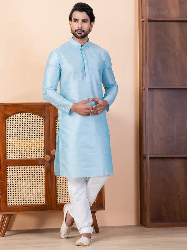 Blue_Woven_Design_Festive_Straight_Kurta_With_Pyjama_Set_For_Men