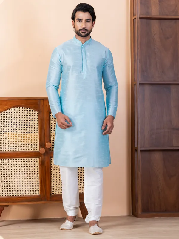 Blue_Woven_Design_Festive_Straight_Kurta_With_Pyjama_Set_For_Men