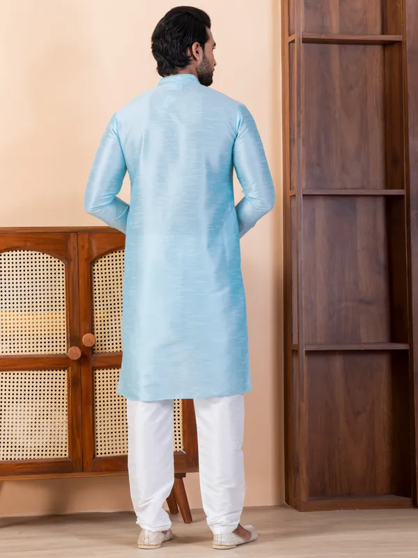 Blue_Woven_Design_Festive_Straight_Kurta_With_Pyjama_Set_For_Men