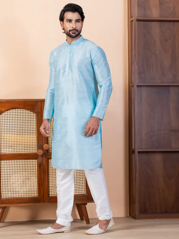 Blue_Woven_Design_Festive_Straight_Kurta_With_Pyjama_Set_For_Men