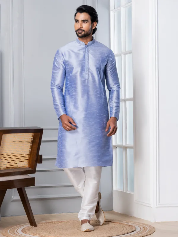 Blue_Woven_Design_Mandarin_Collar_Thread_Work_Straight_Kurta_With_Pyjama_Set_For_Men