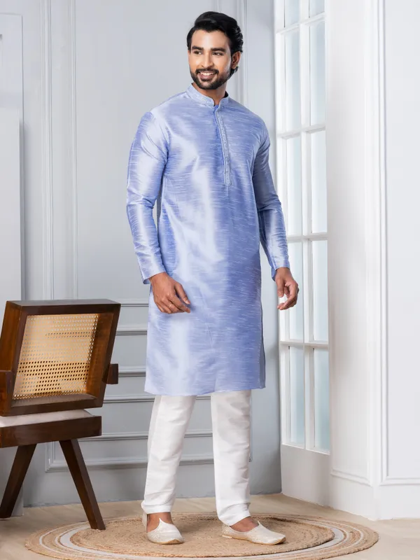 Blue_Woven_Design_Mandarin_Collar_Thread_Work_Straight_Kurta_With_Pyjama_Set_For_Men