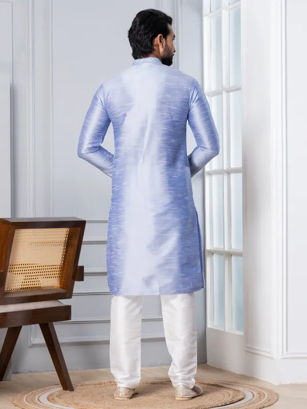 Blue_Woven_Design_Mandarin_Collar_Thread_Work_Straight_Kurta_With_Pyjama_Set_For_Men