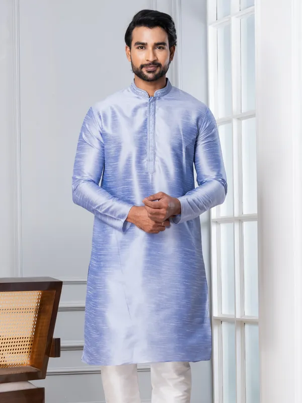 Blue_Woven_Design_Mandarin_Collar_Thread_Work_Straight_Kurta_With_Pyjama_Set_For_Men