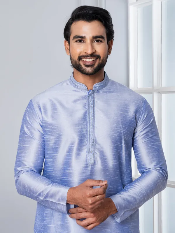 Blue_Woven_Design_Mandarin_Collar_Thread_Work_Straight_Kurta_With_Pyjama_Set_For_Men