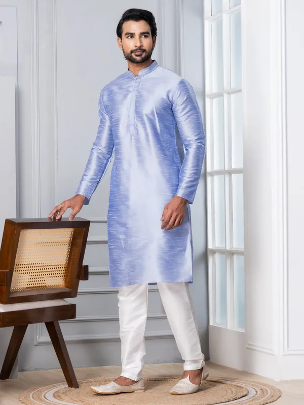 Blue_Woven_Design_Mandarin_Collar_Thread_Work_Straight_Kurta_With_Pyjama_Set_For_Men