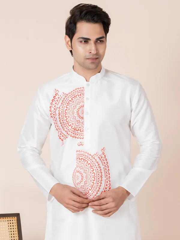 White_Printed_Kurta_Pyjama_Set_For_Men