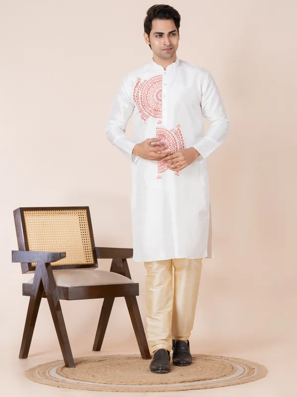 White_Printed_Kurta_Pyjama_Set_For_Men