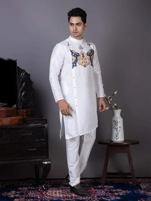 White_Dupion_Silk_Kurta_Pyjama_With_Printed_Pattern_For_Men