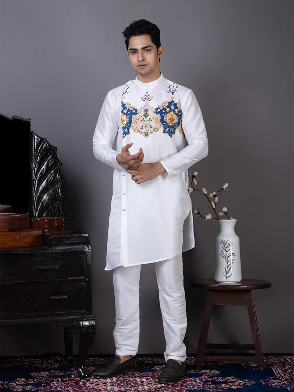 White_Dupion_Silk_Kurta_Pyjama_With_Printed_Pattern_For_Men