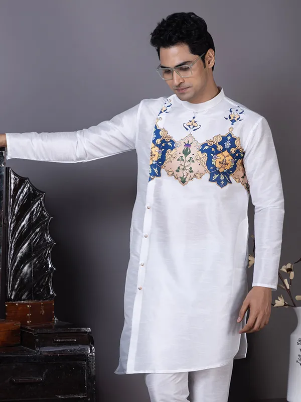 White_Dupion_Silk_Kurta_Pyjama_With_Printed_Pattern_For_Men