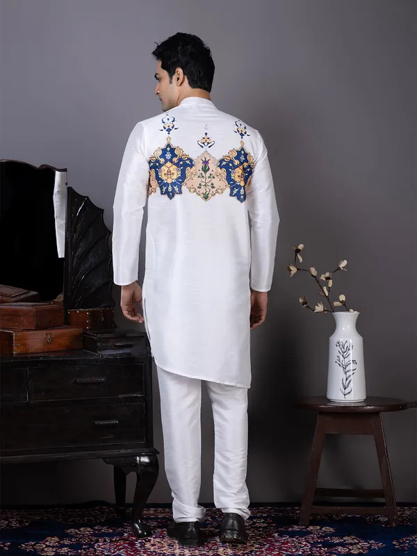 White_Dupion_Silk_Kurta_Pyjama_With_Printed_Pattern_For_Men