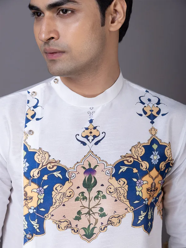 White_Dupion_Silk_Kurta_Pyjama_With_Printed_Pattern_For_Men