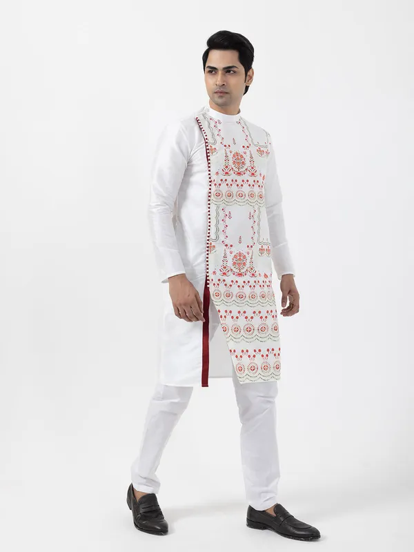 White_Dupion_Silk_Kurta_Pyjama_With_Printed_Design_For_Men