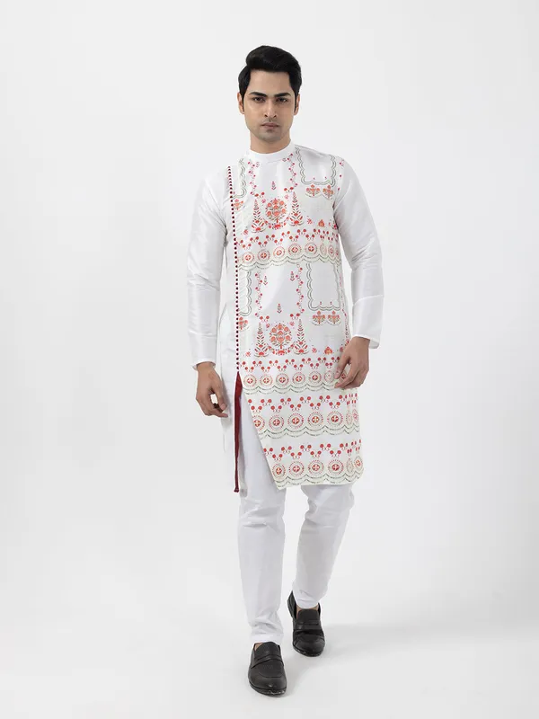 White_Dupion_Silk_Kurta_Pyjama_With_Printed_Design_For_Men