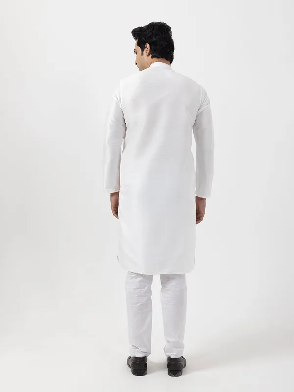 White_Dupion_Silk_Kurta_Pyjama_With_Printed_Design_For_Men