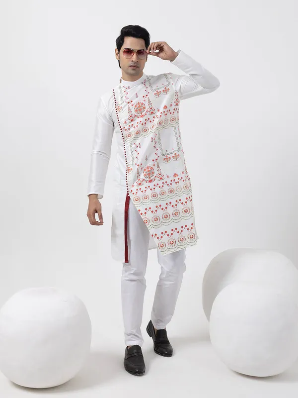 White_Dupion_Silk_Kurta_Pyjama_With_Printed_Design_For_Men