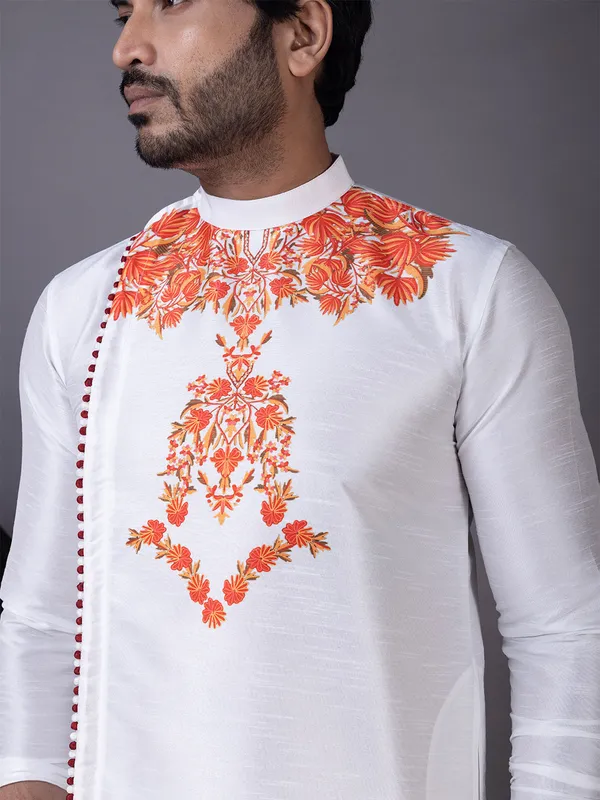 White_Dupion_Silk_Kurta_Pyjama_With_Ethnic_Print_For_Men