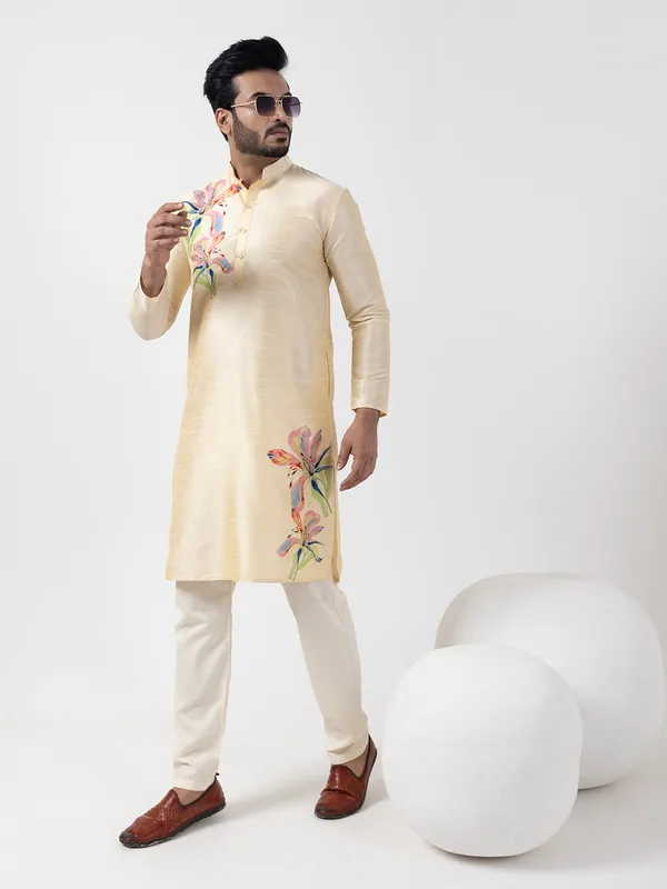 Beige_Printed_Kurta_Pyjama_Set_For_Men