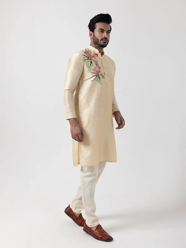 Beige_Printed_Kurta_Pyjama_Set_For_Men