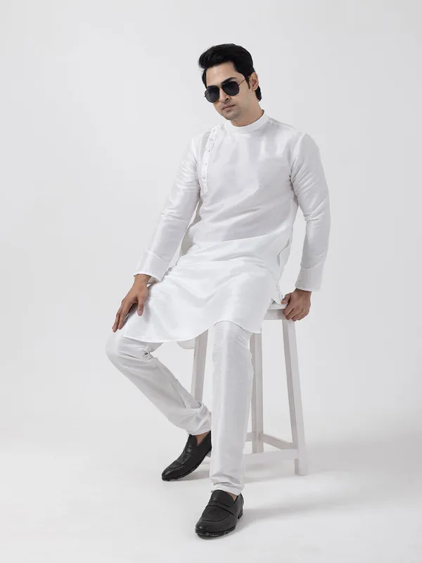 White_Dupion_Silk_Angrakha_Kurta_With_Pyjama_Set_For_Men