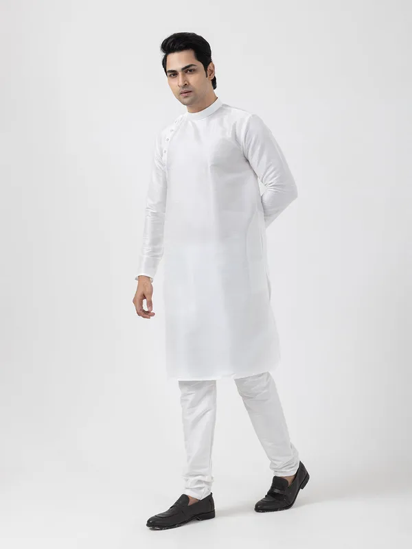 White_Dupion_Silk_Angrakha_Kurta_With_Pyjama_Set_For_Men