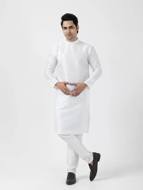 White_Dupion_Silk_Angrakha_Kurta_With_Pyjama_Set_For_Men