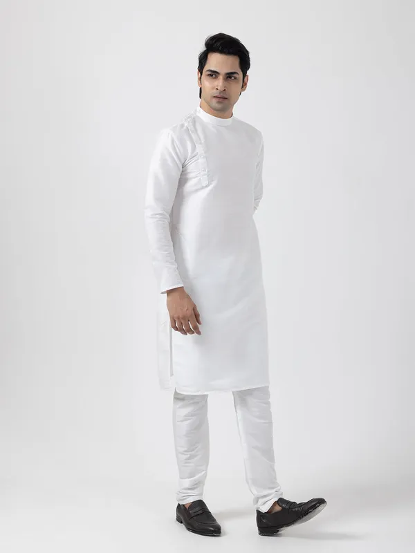 White_Dupion_Silk_Angrakha_Kurta_With_Pyjama_Set_For_Men