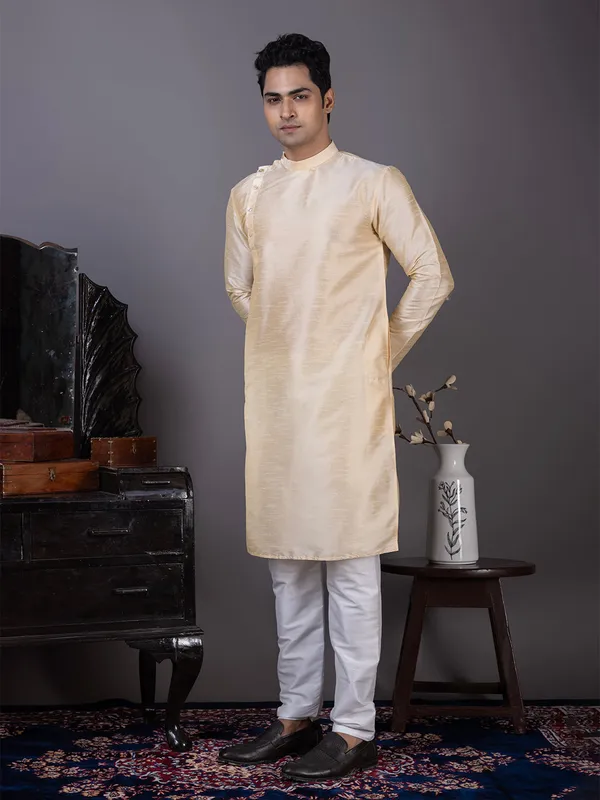 Beige_Mandarin_Collar_Kurta_With_Pyjama_Set_For_Men