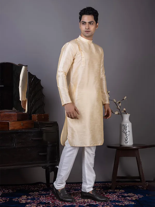 Beige_Mandarin_Collar_Kurta_With_Pyjama_Set_For_Men