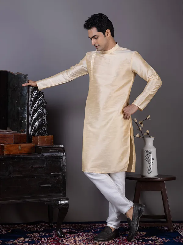 Beige_Mandarin_Collar_Kurta_With_Pyjama_Set_For_Men