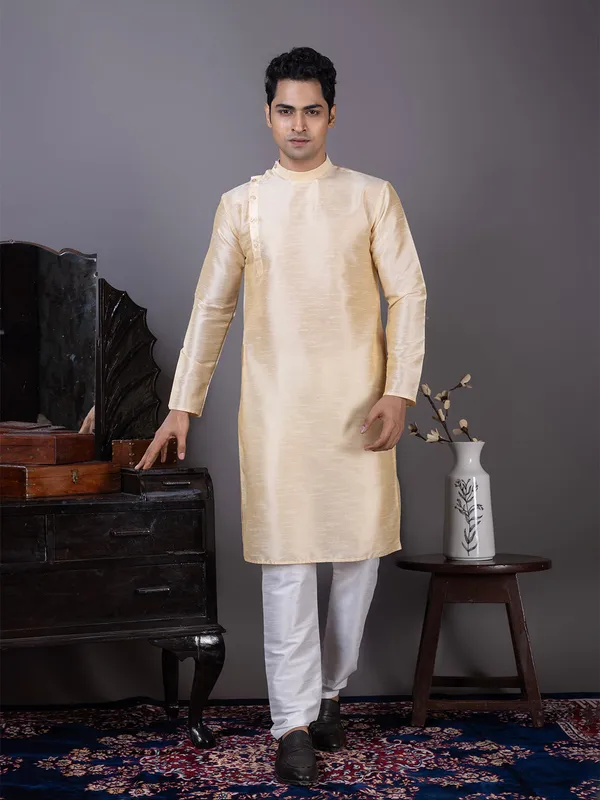 Beige_Mandarin_Collar_Kurta_With_Pyjama_Set_For_Men