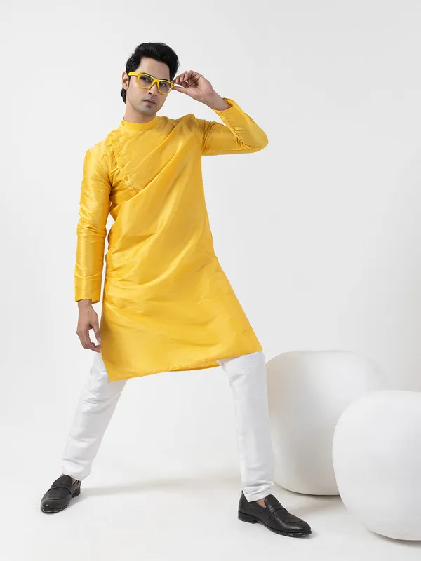 Yellow_Solid_Dupion_Silk_Angrakha_Kurta_With_Pyjama_Set_For_Men