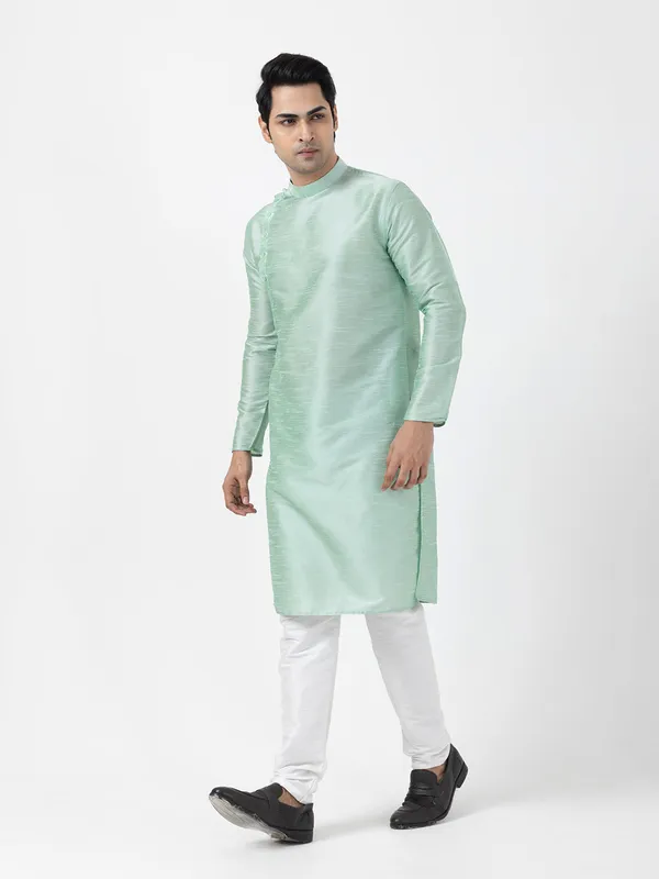 Green_Dupion_Silk_Angrakha_Kurta_With_Pyjama_Set_For_Men