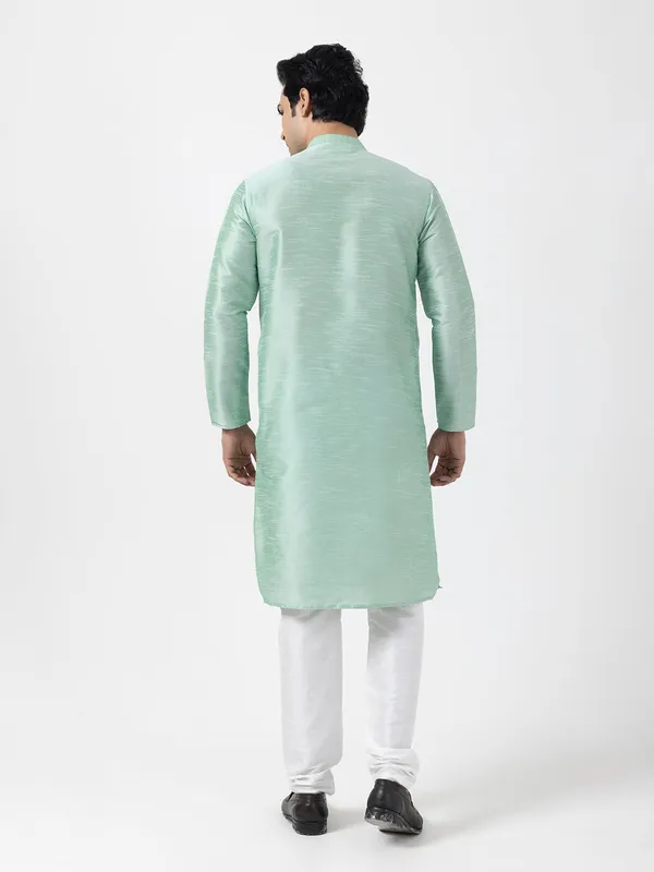 Green_Dupion_Silk_Angrakha_Kurta_With_Pyjama_Set_For_Men
