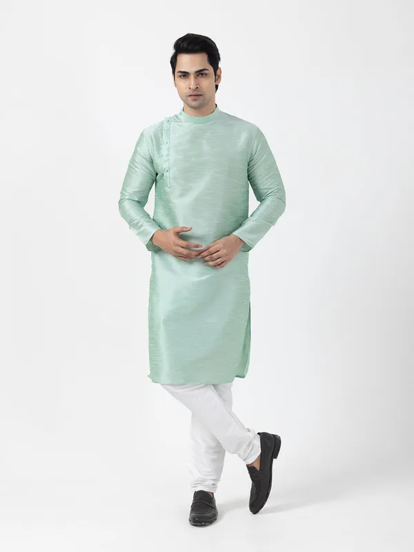 Green_Dupion_Silk_Angrakha_Kurta_With_Pyjama_Set_For_Men